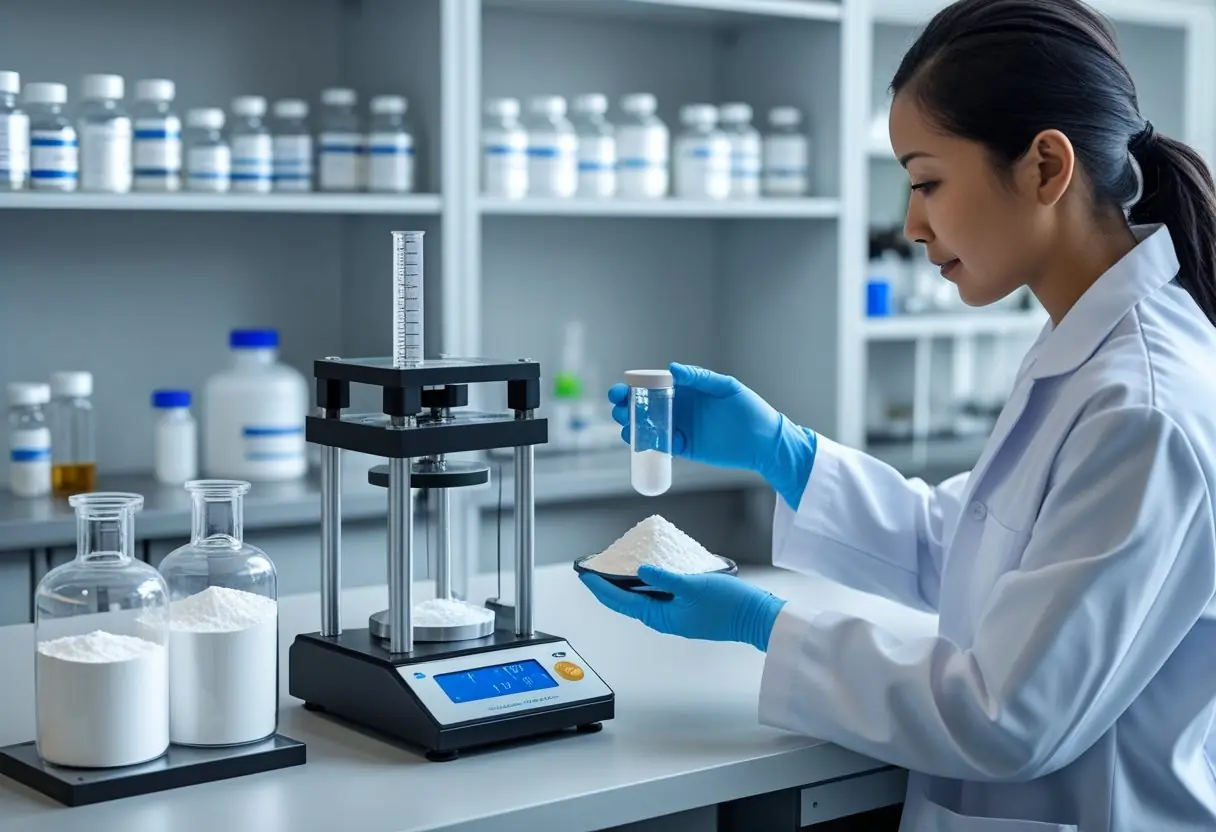 Laboratory testing of rice husk ash powder for NABL-certified quality, 85–92% SiO₂